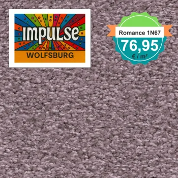 Teppichmuster mit Label „Impulse WOLFSBURG“ und Badge „Romance 1N67 – 76,95 €/m²“